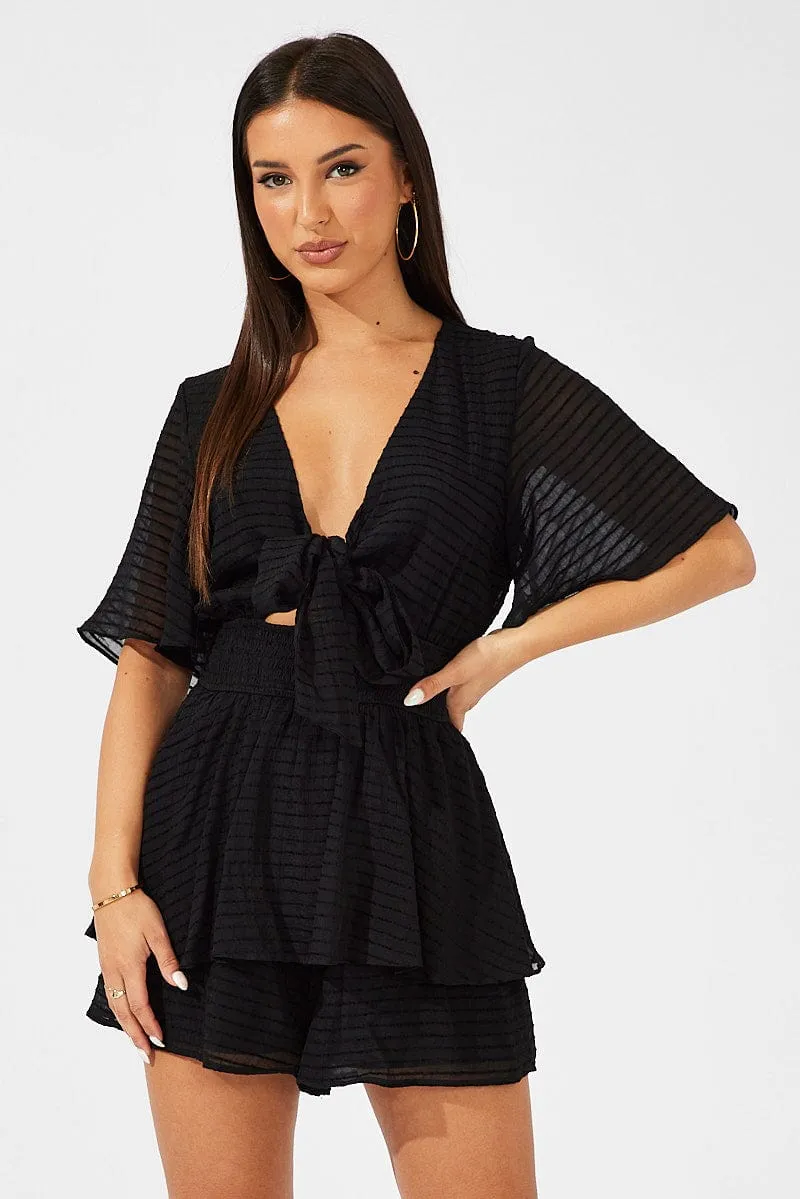 Black Playsuit Tie Front Wing Sleeve sold by Ally Fashion