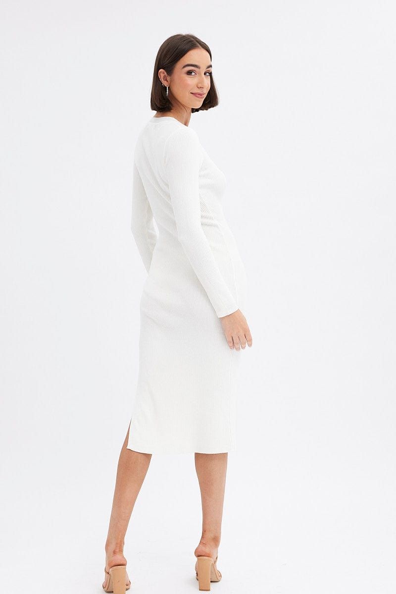 White Midi Dress Long Sleeve Round Neck Rib Knitted sold by Ally Fashion product image thumbnail 5