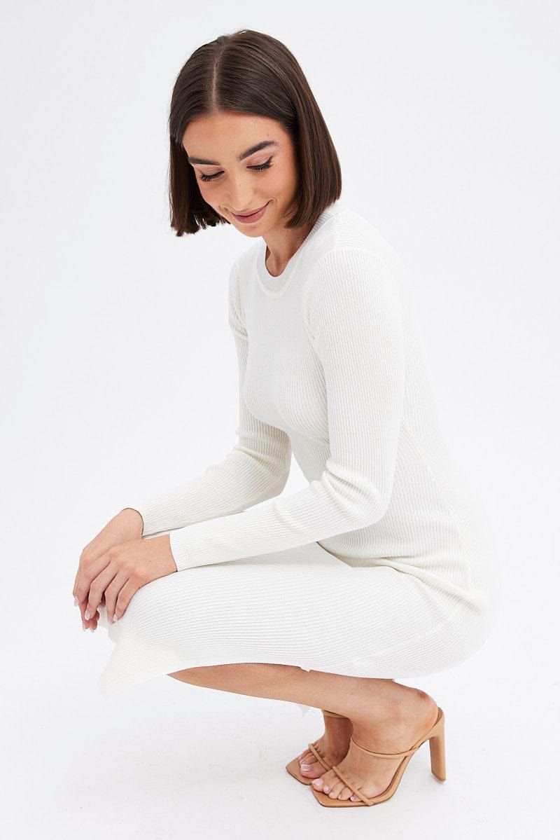White Midi Dress Long Sleeve Round Neck Rib Knitted sold by Ally Fashion product image thumbnail 2