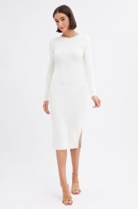 White Midi Dress Long Sleeve Round Neck Rib Knitted sold by Ally Fashion
