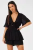 Black Playsuit Tie Front Wing Sleeve sold by Ally Fashion