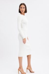 White Midi Dress Long Sleeve Round Neck Rib Knitted sold by Ally Fashion