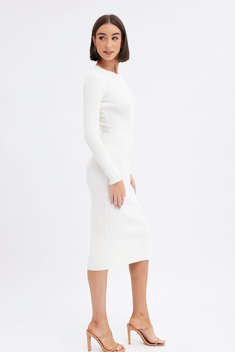 White Midi Dress Long Sleeve Round Neck Rib Knitted sold by Ally Fashion product image thumbnail 4