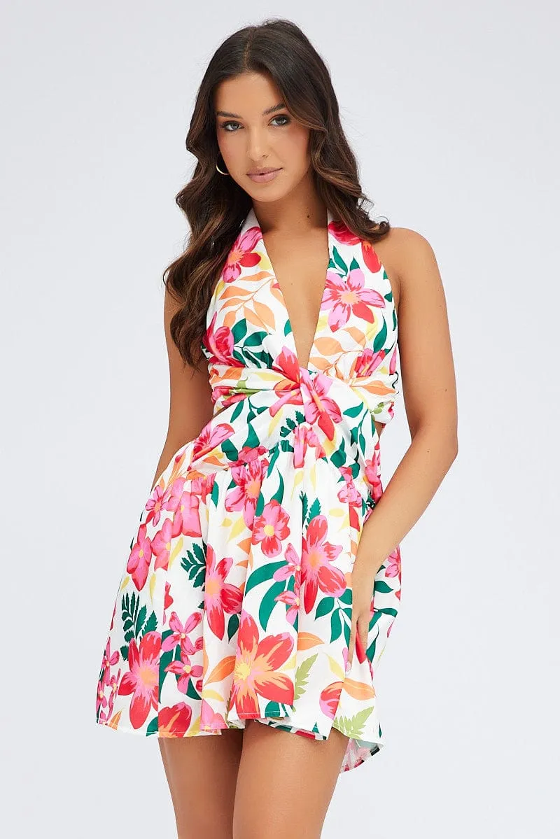 Multi Floral Halter Dress Gathered Cut Out Tie Back sold by Ally Fashion product image thumbnail 3