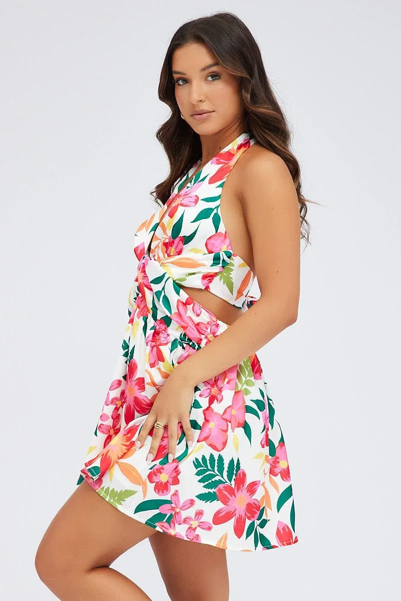 Multi Floral Halter Dress Gathered Cut Out Tie Back sold by Ally Fashion product image thumbnail 4