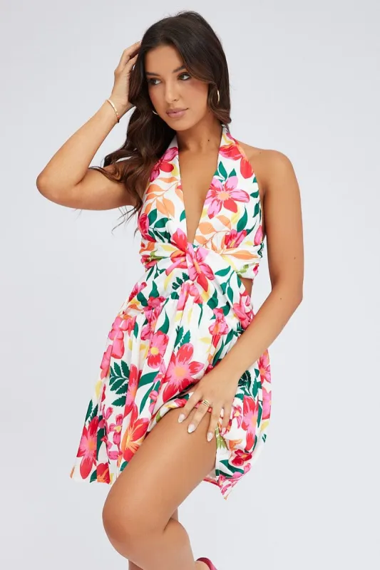 Multi Floral Halter Dress Gathered Cut Out Tie Back sold by Ally Fashion
