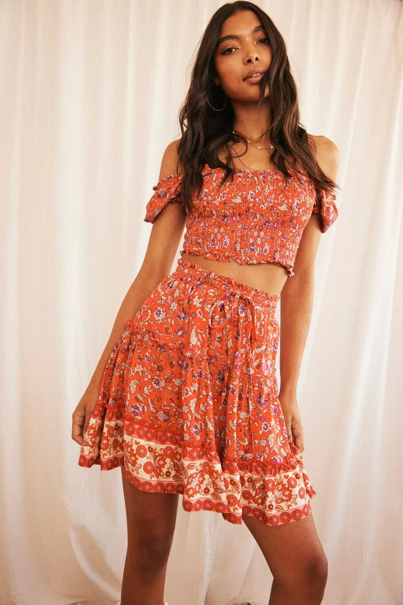 Red Mini Skirt High Waisted Skater Elastic Band Tiered sold by Ally Fashion