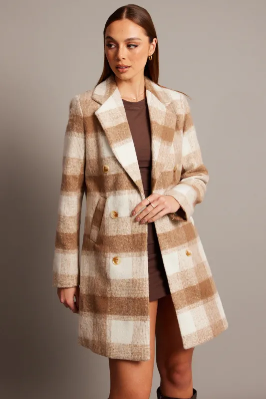 Brown Check Coat Long Sleeve sold by Ally Fashion