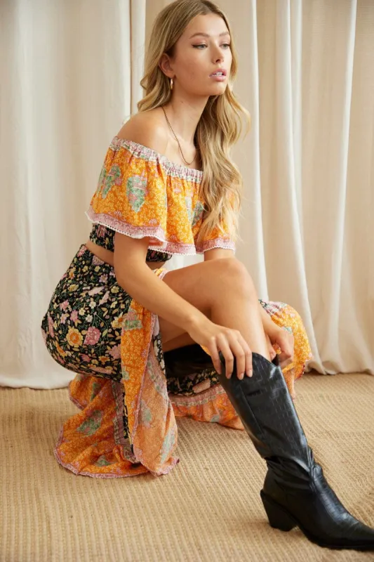 Boho Print High-Low Button Front Midi Skirt sold by Ally Fashion