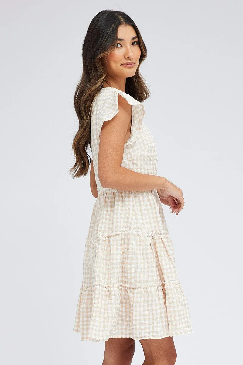 Beige Check Fit and Flare Dress Short Sleeve Tiered sold by Ally Fashion product image thumbnail 4