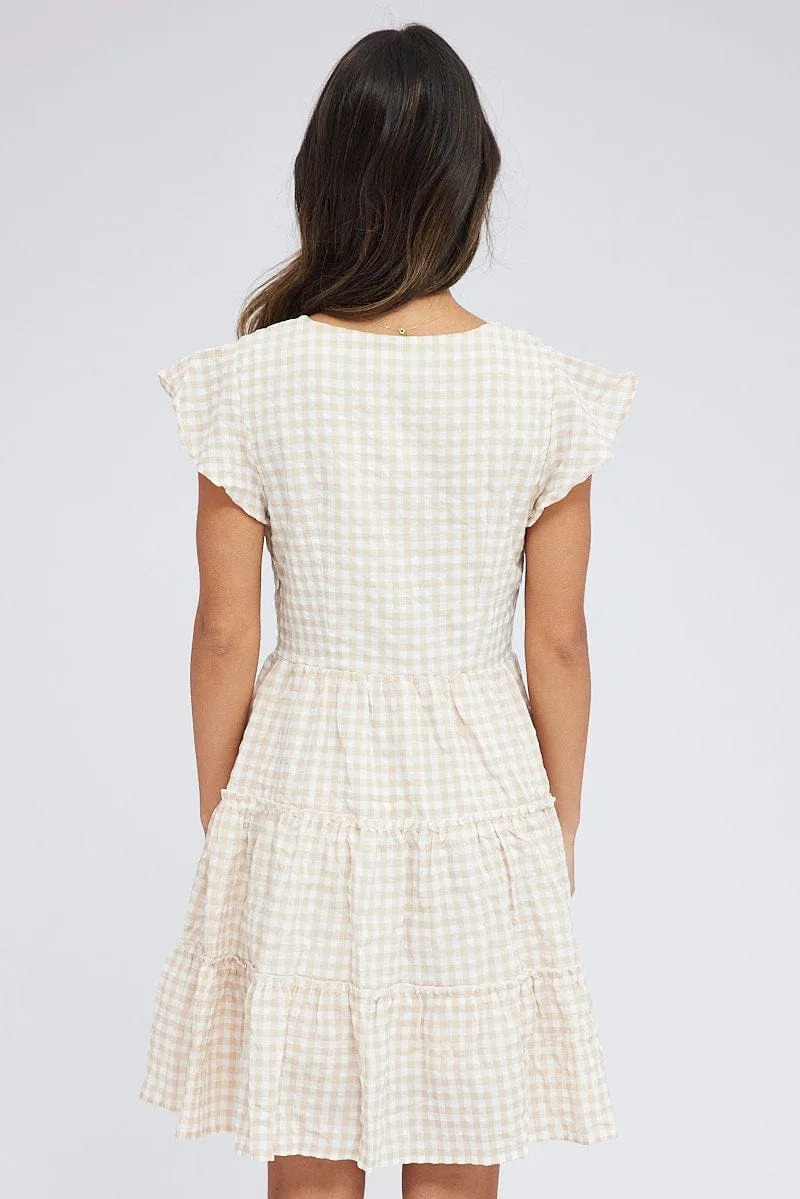 Beige Check Fit and Flare Dress Short Sleeve Tiered sold by Ally Fashion product image thumbnail 5