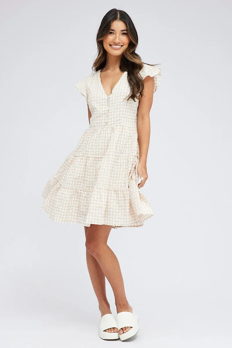 Beige Check Fit and Flare Dress Short Sleeve Tiered sold by Ally Fashion product image thumbnail 2