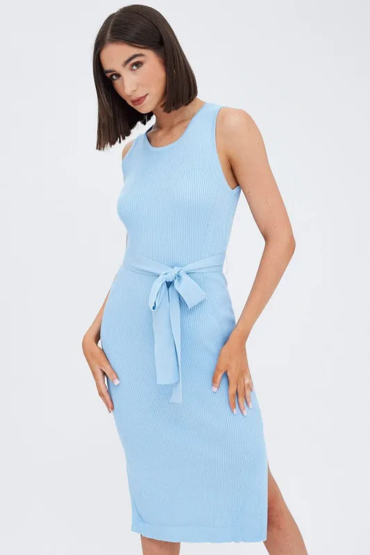 Blue Knit Dress Sleeveless Round Neck Belted Midi sold by Ally Fashion