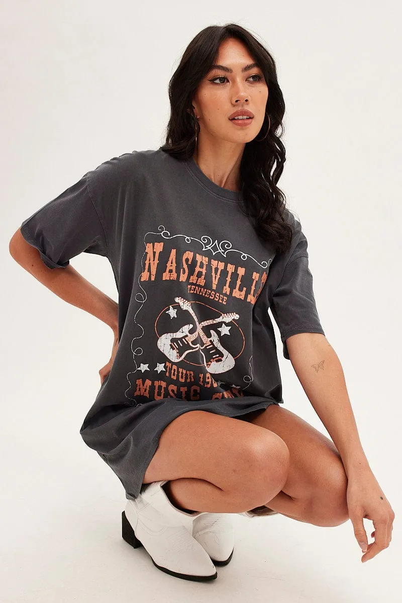 Black Tee Short Sleeve Round Neck Graphic Print Cotton sold by Ally Fashion product image thumbnail 3