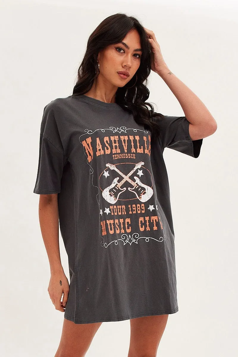 Black Tee Short Sleeve Round Neck Graphic Print Cotton sold by Ally Fashion