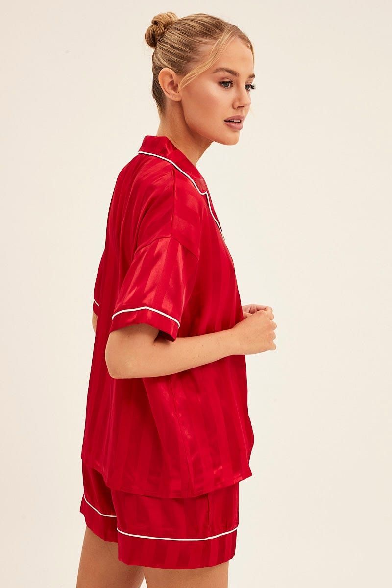 Red Stripe Pyjamas Set Short Sleeve Collared Shorts Satin sold by Ally Fashion product image thumbnail 6