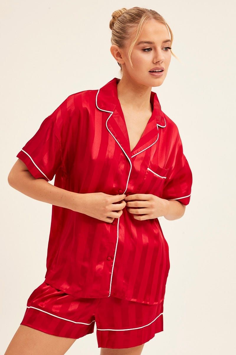 Red Stripe Pyjamas Set Short Sleeve Collared Shorts Satin sold by Ally Fashion product image thumbnail 4