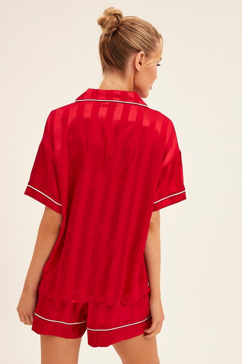 Red Stripe Pyjamas Set Short Sleeve Collared Shorts Satin sold by Ally Fashion product image thumbnail 5