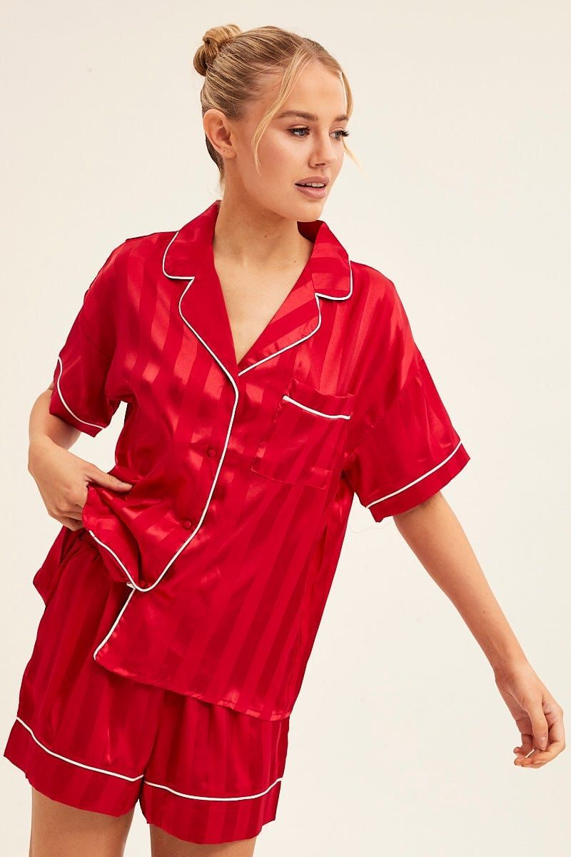 Red Stripe Pyjamas Set Short Sleeve Collared Shorts Satin sold by Ally Fashion product image thumbnail 2