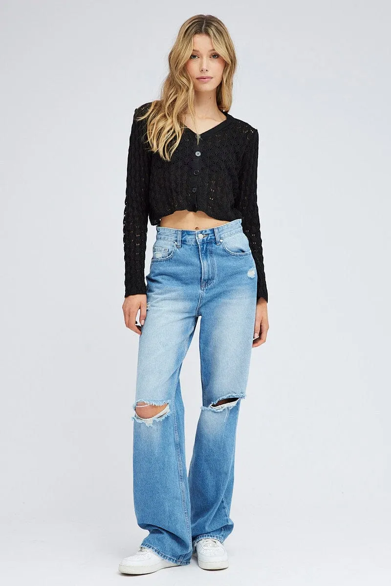Black Crochet Knit Cardigan Long Sleeve sold by Ally Fashion product image thumbnail 2