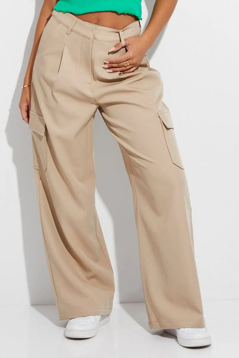Beige Wide Leg Pants High Rise Cargo Tailored sold by Ally Fashion product image thumbnail 3