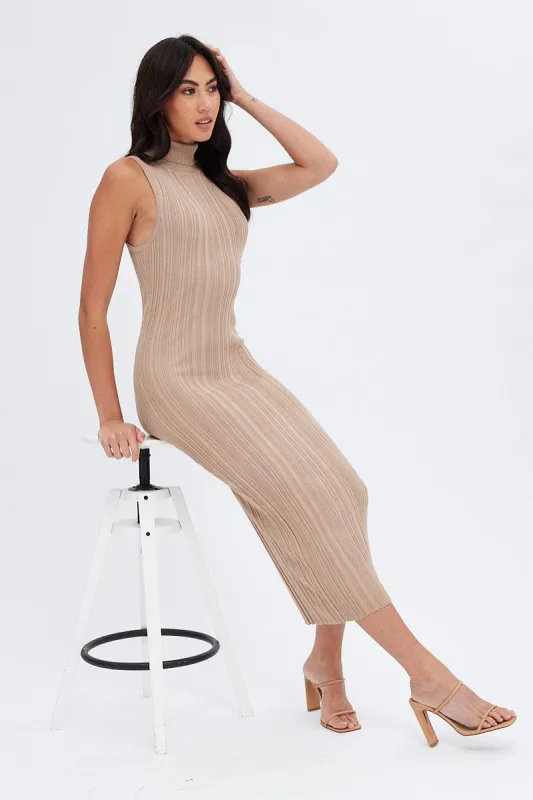Beige Midi Dress Turtle Neck Bodycon Knitted Rib sold by Ally Fashion