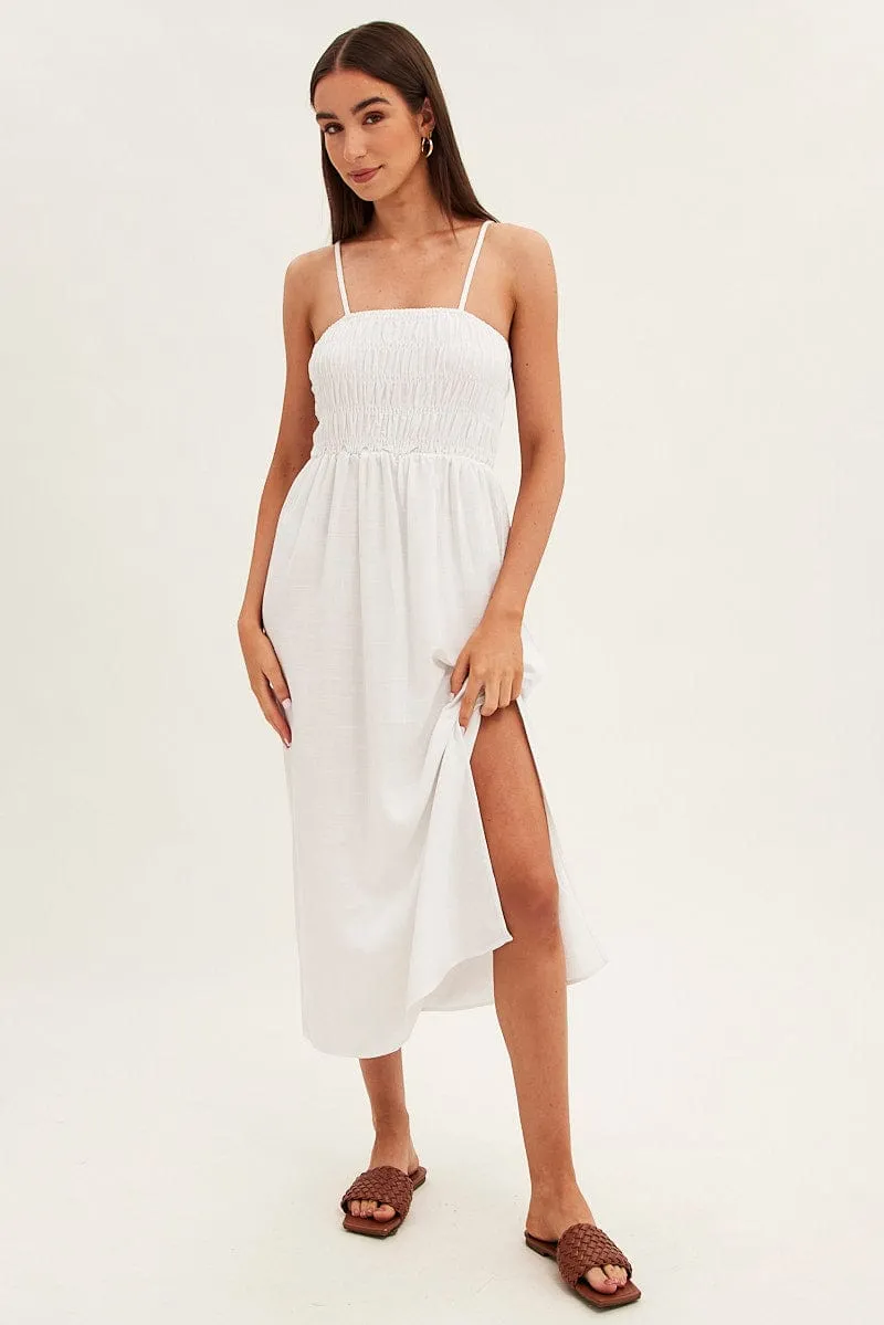White Maxi Dress With Straps Shirring Linen Blend sold by Ally Fashion product image thumbnail 3