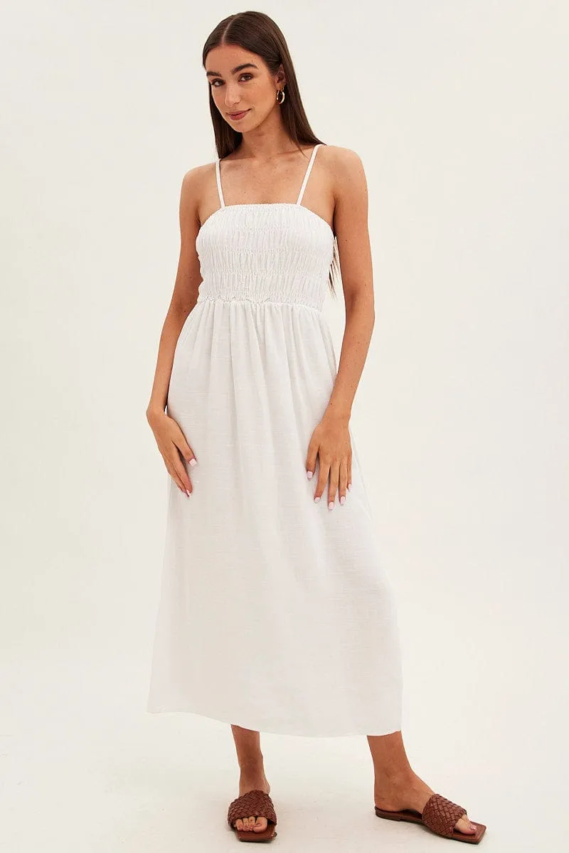 White Maxi Dress With Straps Shirring Linen Blend sold by Ally Fashion