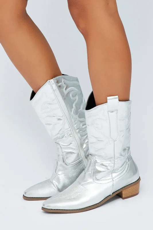 Silver Festival Western Metallic Cowboy Boot sold by Ally Fashion