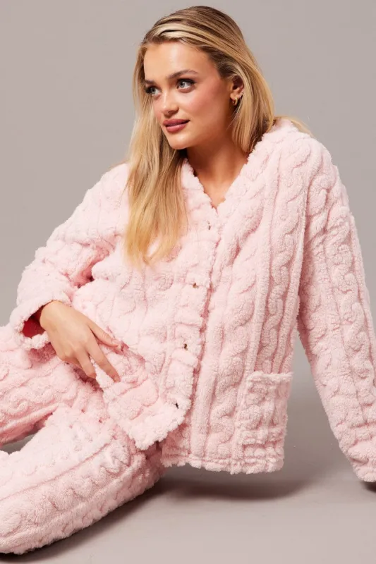 Pink Fluffy PJ Set Cable Fleece Pyjamas sold by Ally Fashion