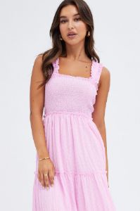 Pink Midi Dress Shirred Bust Tiered sold by Ally Fashion