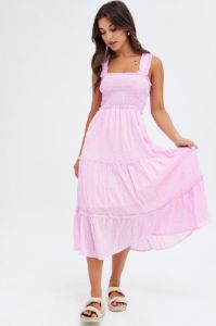 Pink Midi Dress Shirred Bust Tiered sold by Ally Fashion