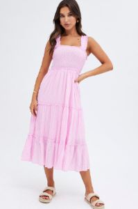 Pink Midi Dress Shirred Bust Tiered sold by Ally Fashion