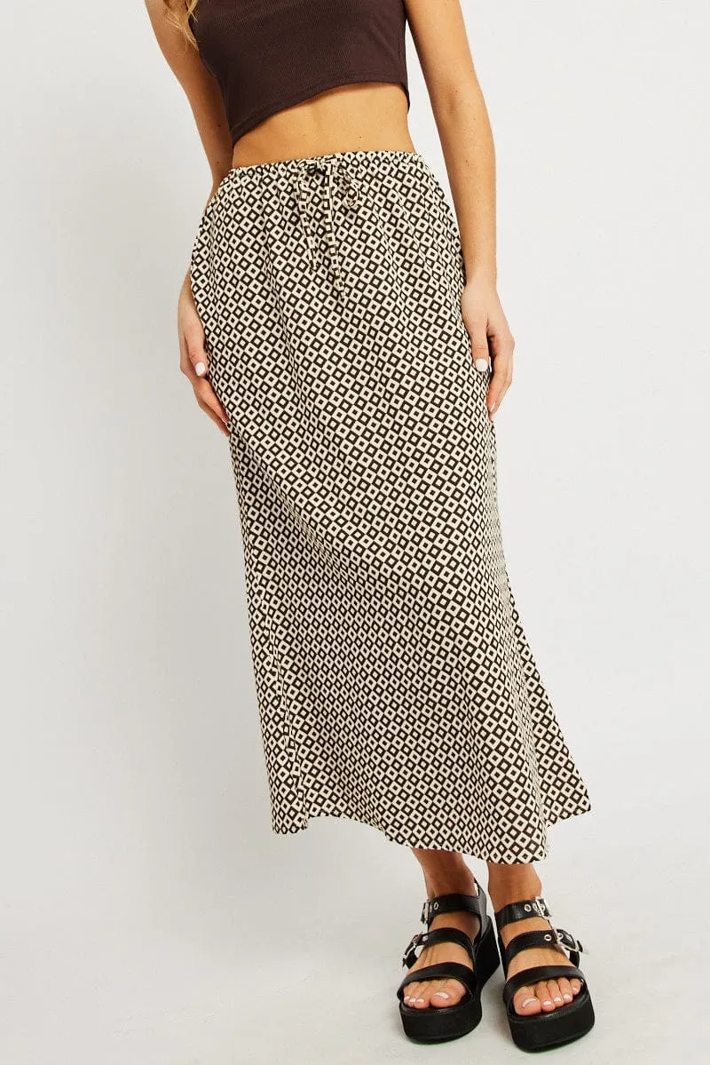 Brown Geo Midi Slip Skirt Mid Rise Elastic Waist sold by Ally Fashion