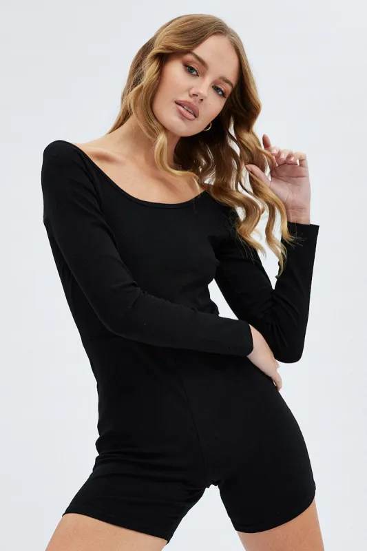 Black Romper Scoop Neck Long Sleeve Cotton Playsuit sold by Ally Fashion