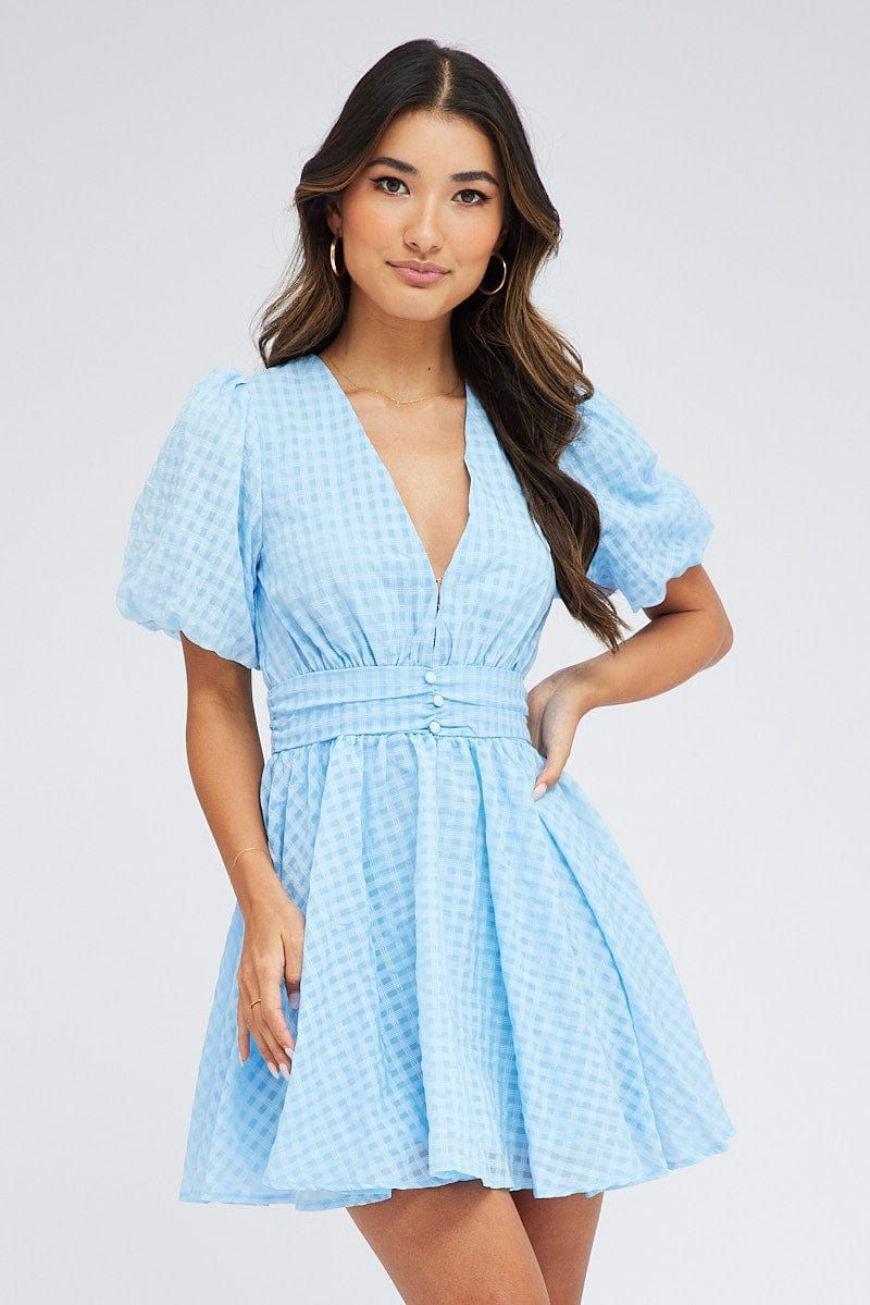 Blue Fit And Flare Dress Puff Sleeve Mini sold by Ally Fashion