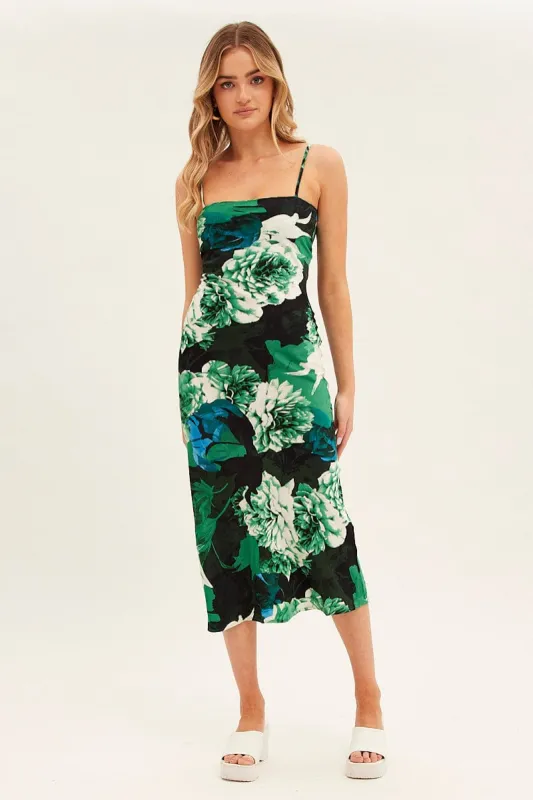 Green Floral Slip Dress Midi Strappy Back Floral Satin sold by Ally Fashion