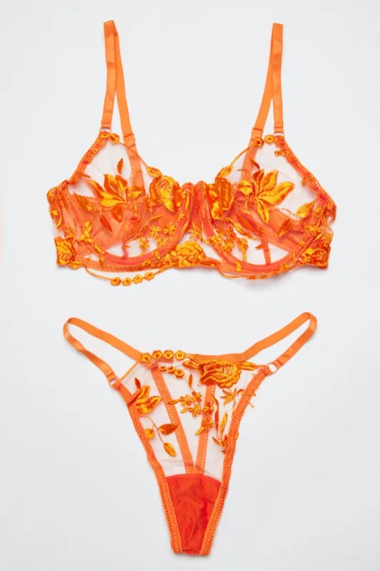 Orange Floral Embroidered Lingerie Set sold by Ally Fashion