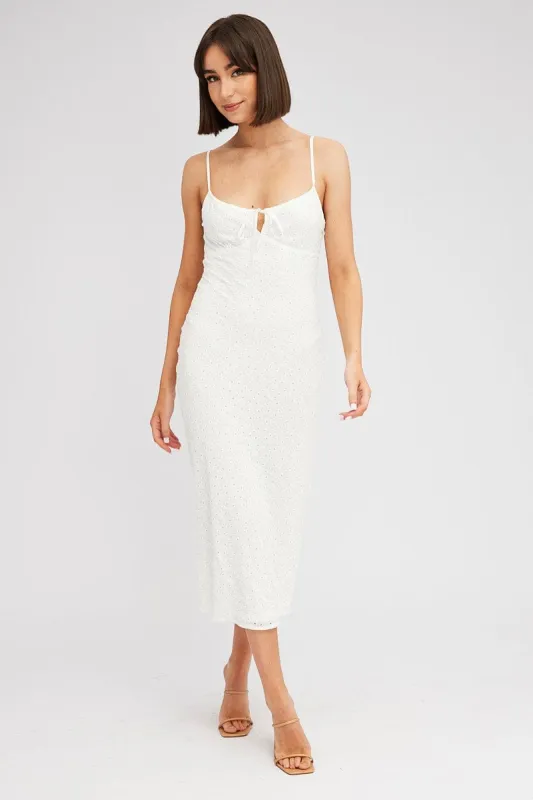 White Midi Dress Gathered Bust Eyelet Fabric sold by Ally Fashion