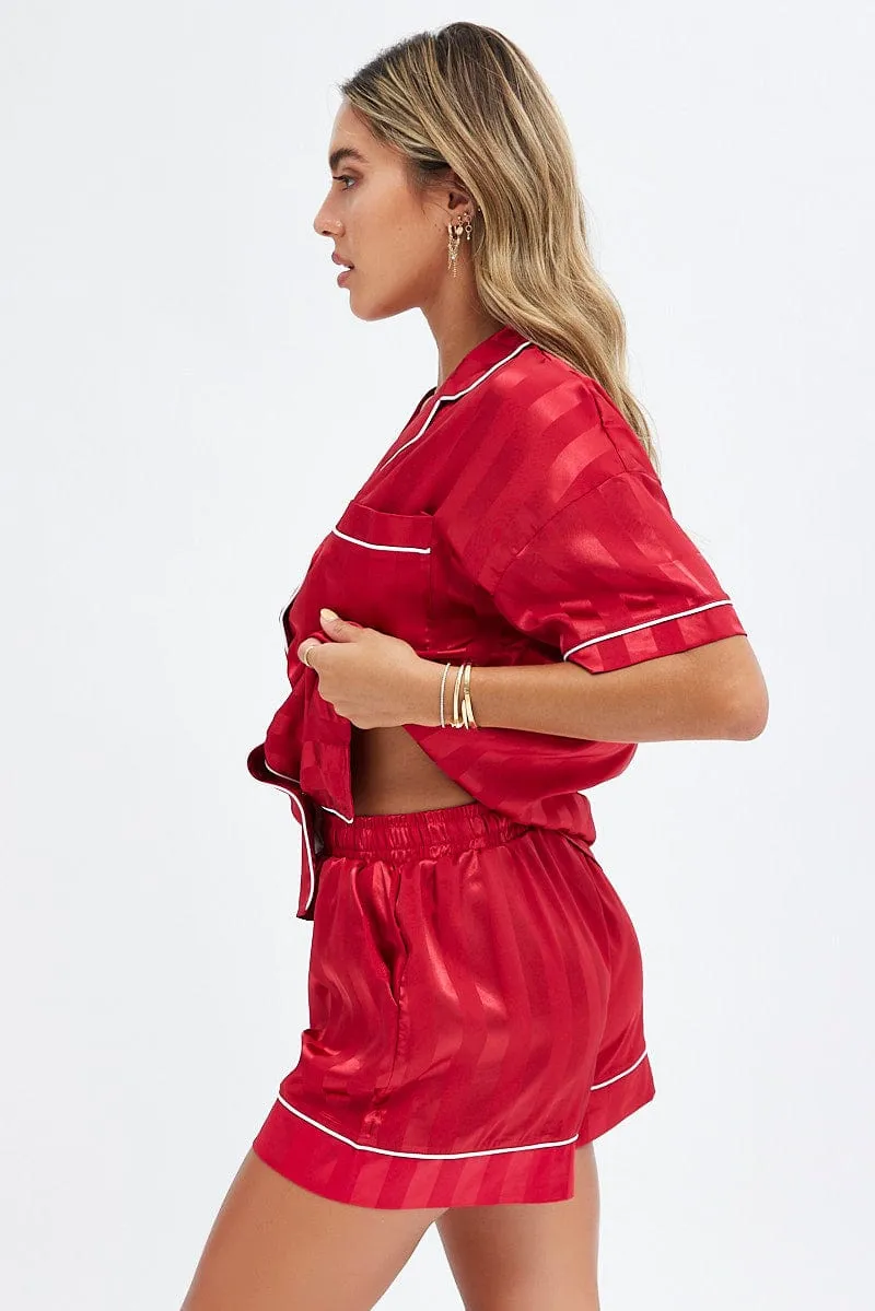 Red Stripe Red Satin PJ Contrast Piping Pyjama Set sold by Ally Fashion product image thumbnail 4