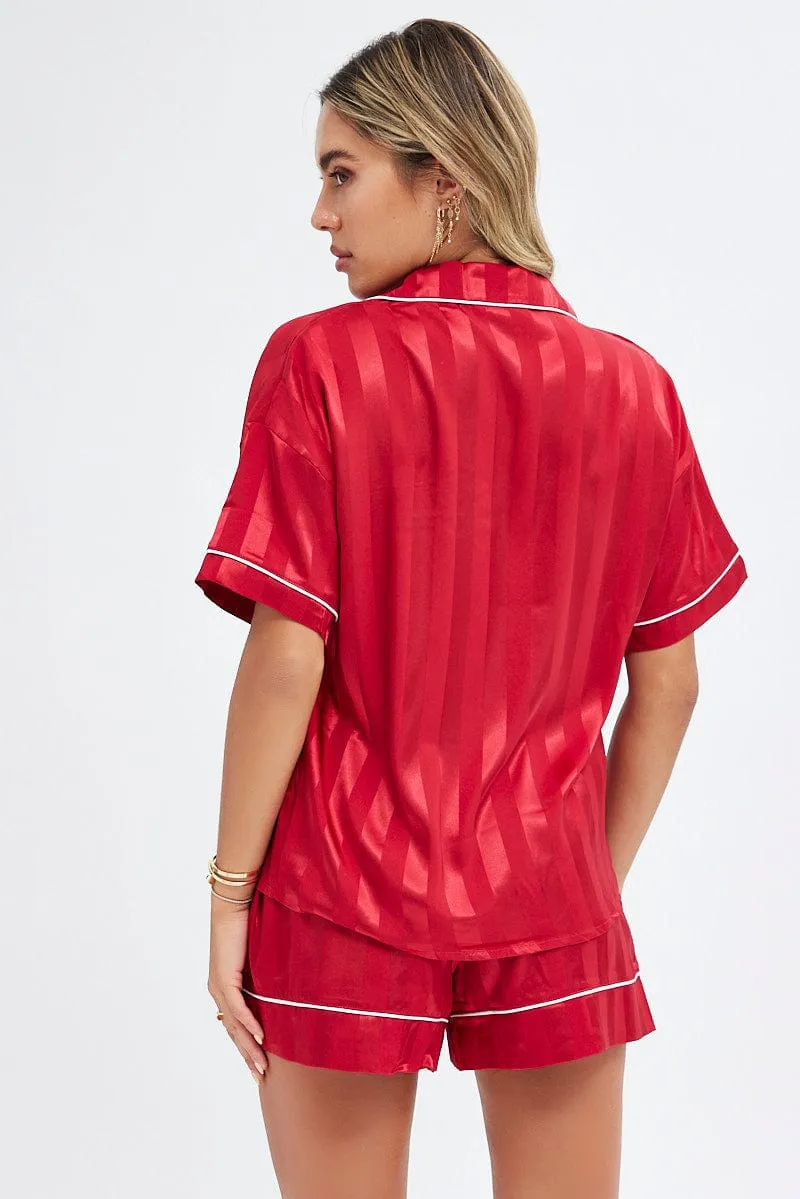 Red Stripe Red Satin PJ Contrast Piping Pyjama Set sold by Ally Fashion product image thumbnail 5