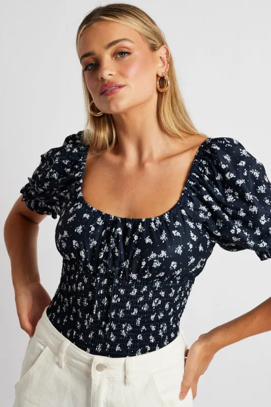 Blue Ditsy Bodysuit Short Sleeve sold by Ally Fashion