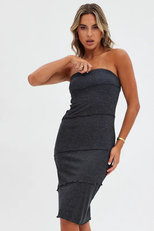 Grey Boob Tube Dress Midi Bodycon Ribbed Bandeau sold by Ally Fashion