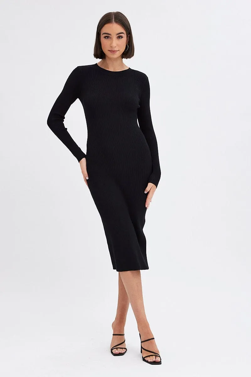 Black Midi Dress Long Sleeve Round Neck Rib Knitted sold by Ally Fashion product image thumbnail 3