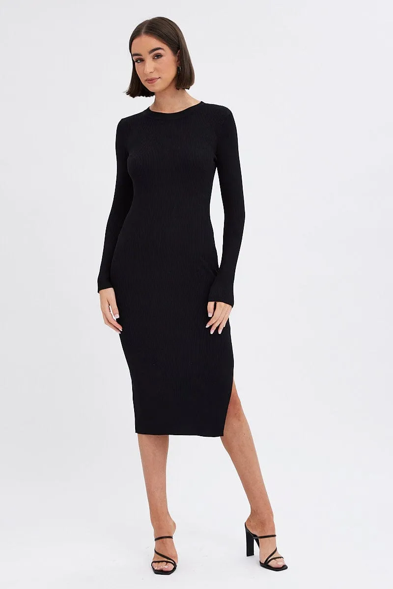 Black Midi Dress Long Sleeve Round Neck Rib Knitted sold by Ally Fashion