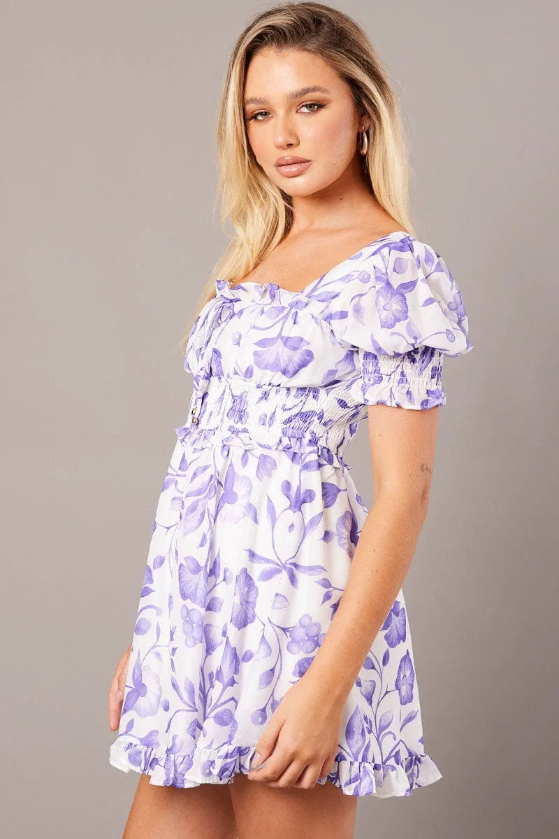 Purple Floral Fit And Flare Dress Puff Sleeve sold by Ally Fashion product image thumbnail 4