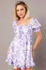 Purple Floral Fit And Flare Dress Puff Sleeve sold by Ally Fashion