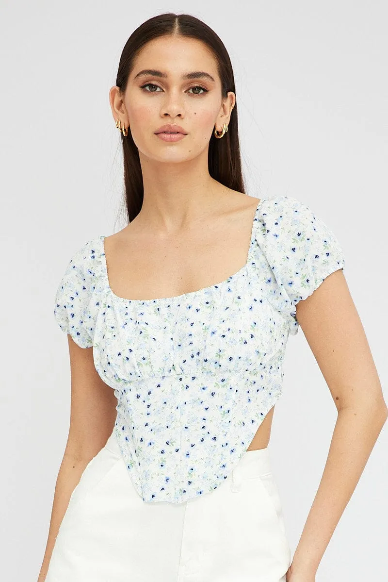 Blue Ditsy Crop Top Short Sleeve Square Neck sold by Ally Fashion product image thumbnail 3