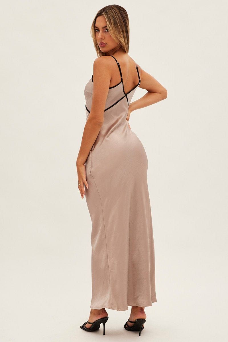 Brown Maxi Dress V Neck Contrast Binding Details Satin sold by Ally Fashion product image thumbnail 5