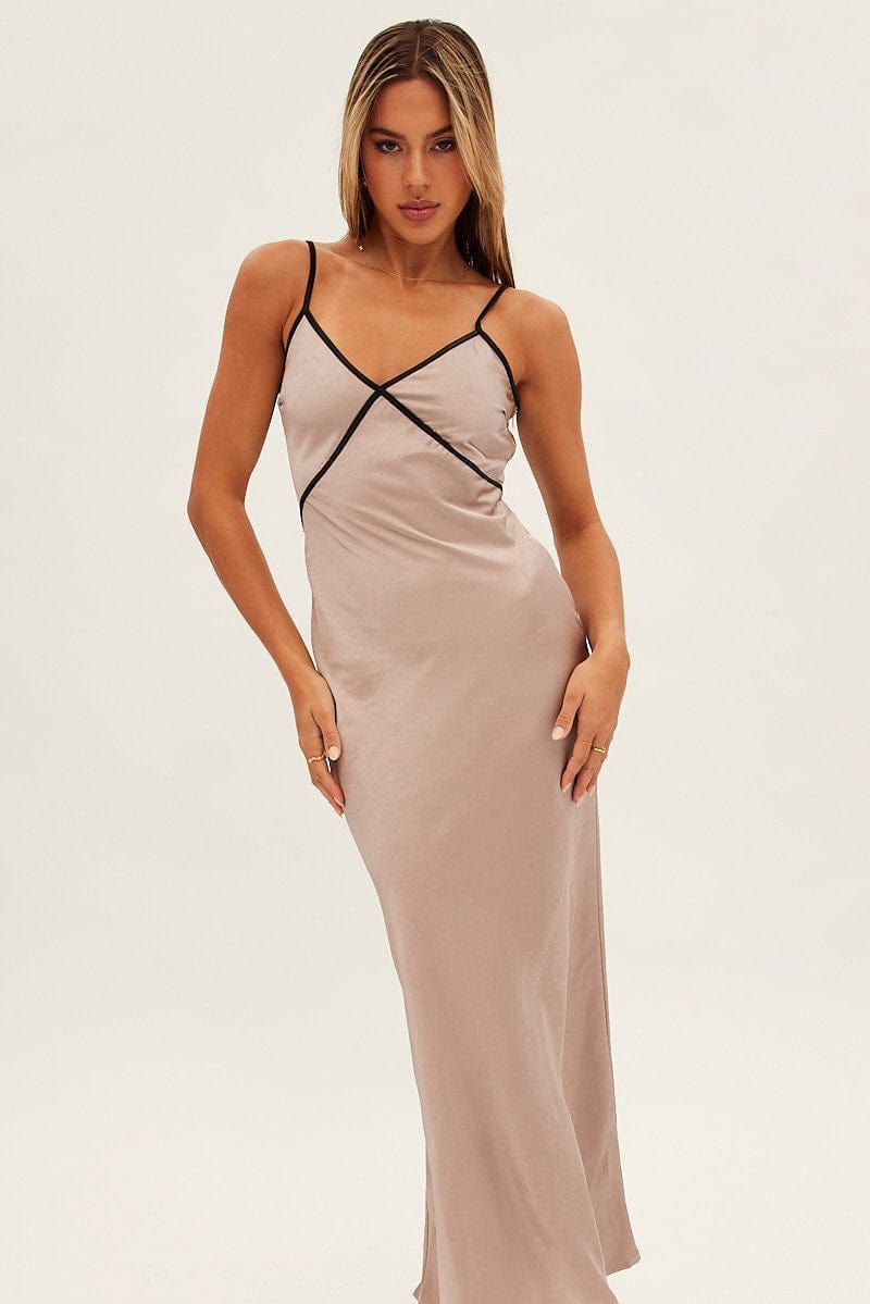 Brown Maxi Dress V Neck Contrast Binding Details Satin sold by Ally Fashion product image thumbnail 2